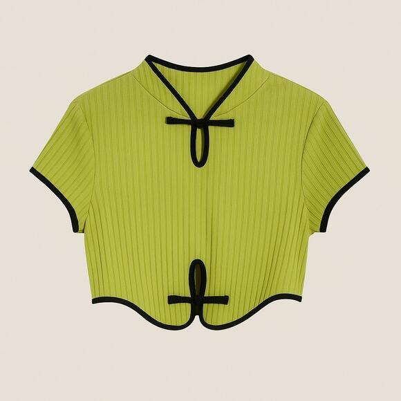 SHEIN Green Ribbed Crop Top S Mandarin Collar Contrast Trim - Picture 2 of 5